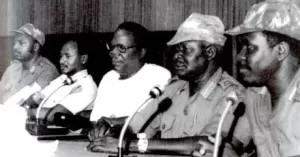 Members of the Military Commission who overthrew President Binaisa in May 1980. L-R: Col. Zed Maruru, Mr Yoweri Museveni, Mr Paulo Muwanga, Maj. Gen. Tito Okello and Brig. Oyite Ojok. (PHOTO/Courtesy)