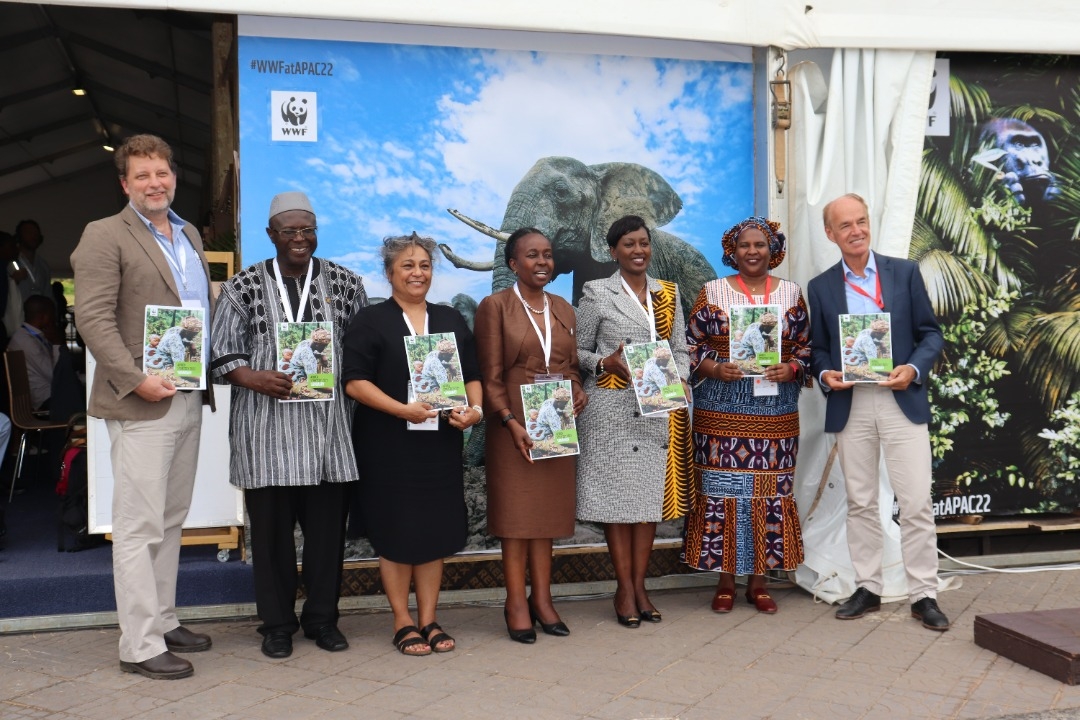 : (L-R) Jeff Worden, Director Conservation Impact, Laurent Some, WWF Africa Head of Policy, Rubina James, Director ABCG, Lucy Waruingi, Director Africa Conservation Centre, Alice Ruhweza, WWF Africa Regional Director, and Marco Lambertini, WWF International Director General