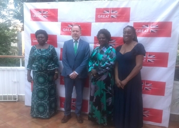 Hon. Sarah Opendi UWOPA Chairperson, Philip Smith Development Director British High Commission Kampala, Hon Betty Amongi Minister of Gender, Labour and Social Development and Kate Osamor UK MP pose for a photo at the reception following the training the Ugandan MPs underwent.