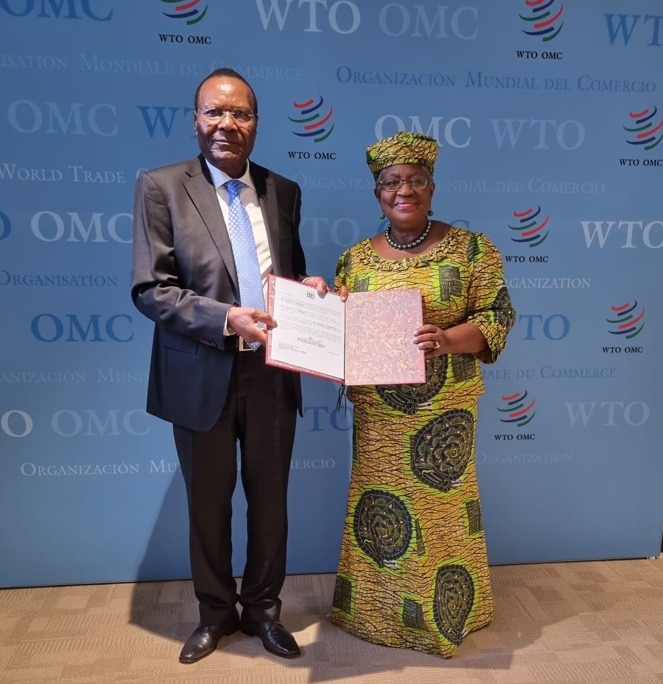 Ambassador Marcel Tibaleka, Permanent Representative of Uganda to the United Nations in Geneva  presents  his credentials to Dr. Ngozi Okonjo-Iweala Director-General of the World Trade Organisation (PHOTO /Foreign Affairs Ministry)