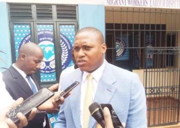 Joshau Laban Musinguzi the Head of ELM addressing the media after the tour at Migrant Workers Voice Network Association in Kampala yesterday