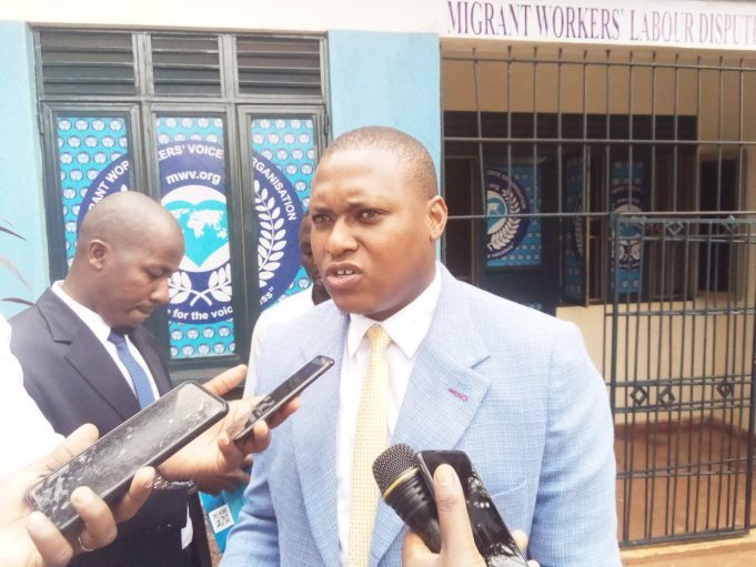 Joshau Laban Musinguzi the Head of ELM addressing the media after the tour at Migrant Workers Voice Network Association in Kampala yesterday