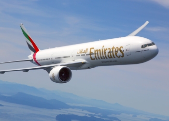 Emirates Boeing 777-300ER photographed on August 17, 2015 from Wolfe Air Aviation's Lear 25B.