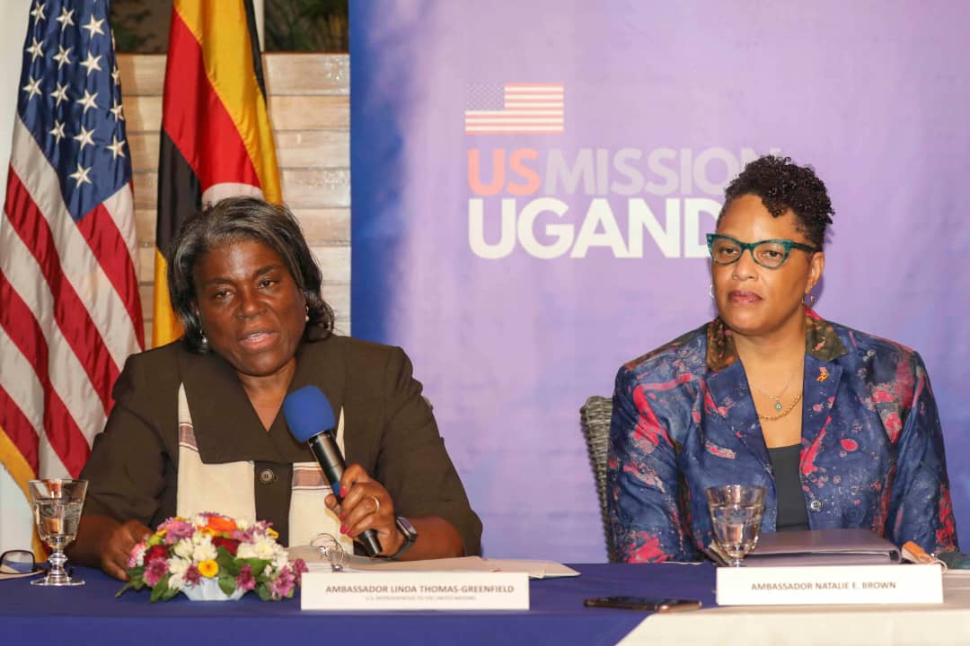 US Ambassador to the United Nations Linda Thomas-Greenfield, left, and Natalie E. Brown, US Ambassador to Uganda, speaking to the media at the residence of the US Ambassador to Uganda, in the capital Kampala, August 4, 2022 © 2022 AP Photo/Hajarah Nalwadda