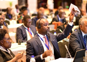 Deputy Speaker Thomas Tayebwa speaking at the ongoing ACP-EU Joint Parliamentary Assembly in Maputo, Mozambique