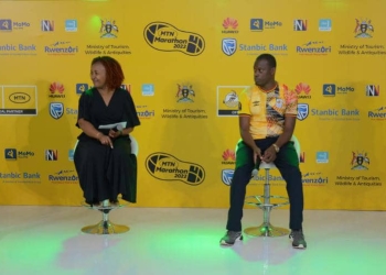 MTN Uganda Chief Marketing Officer, Somdev Sen (Front L), Tourism Minister, Martin Magarra (2nd L), UTB CEO Lilly Ajarova and other participants practice at the MTN Kampala headquarters on 15 November 2022 ahead of the MTN Kampala Marathon.