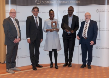 MD, Ms. Patricia Ojangole (C), and the Director of Internal Audit, Mr. Stephen Hamya (2ndR) received the Award on behalf of UDB. 2nd L is Mr. Arshad Rab, the Chairman of the International Council of Sustainability Standards and Certification Initiative and CEO of the European Organisation for Sustainable Development (PHOTO/Courtesy)