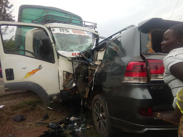 Bishop Okabe was involved in a head-on collision with a Kenya truck registration number KCX 071K at Naboa along Mbale-Tirinyi road on Monday morning while driving with his wife to Kampala in his vehicle registration number UBK 995F.