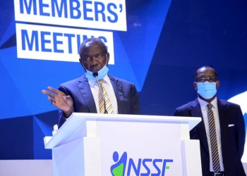 Finance minister Matia Kasaija and NSSF managing director Richard Byarugaba addressing members Finance minister Matia Kasaija and NSSF managing director Richard Byarugaba addressing members