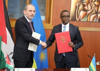 Rwanda Minister of Foreign Affairs, Dr.Vincent Biruta and Ayman Safadi, the Deputy Prime Minister and Minister of Foreign Affairs and Expatriates of the Kingdom of Jordan after signing the MoU in Kigali, on February 22. All photos by Craish Bahizi