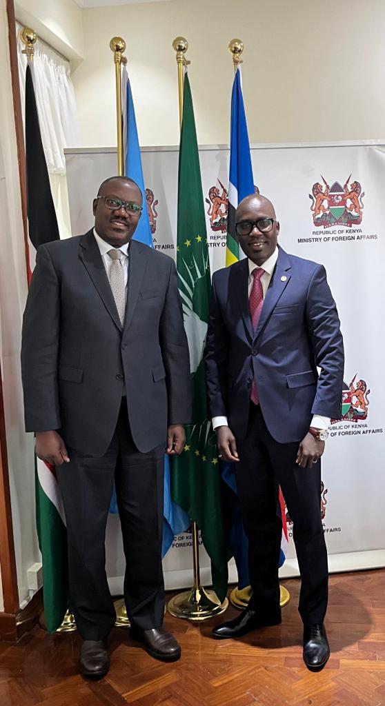 Hon. Bagiire Vincent Waiswa, Permanent Secretary Ministry of Foreign Affairs of the Republic of Uganda (L) with his counterpart Dr. A. Korir SingOei, Principal Secretary, Ministry of Foreign and Diaspora Affairs of the Republic of Kenya.