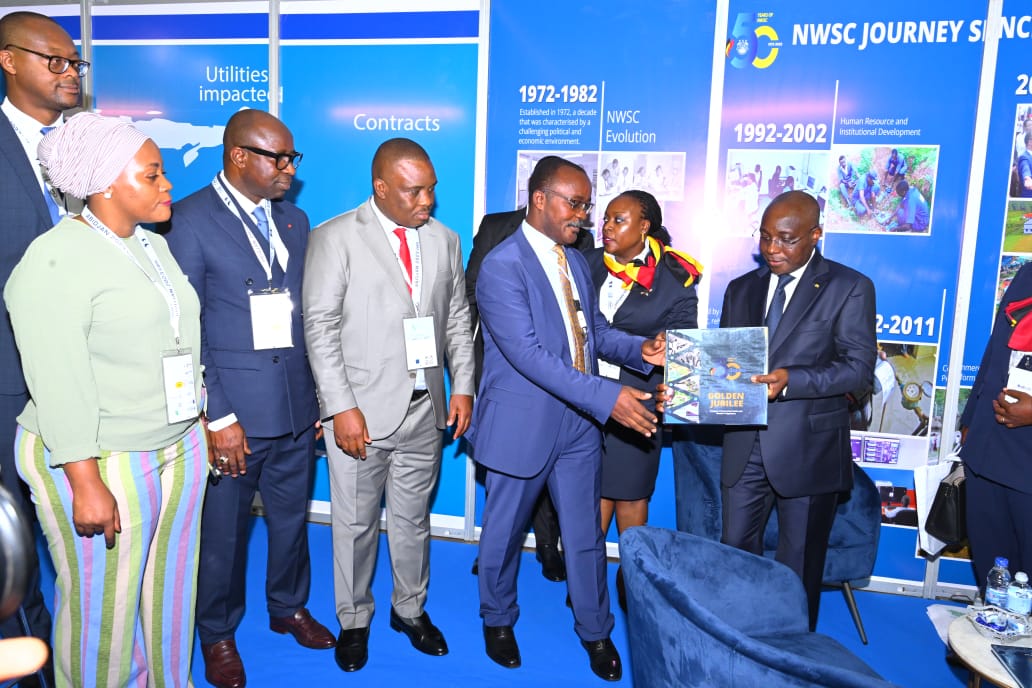 Photos: NWSC MD Dr. Eng Silver Mugisha hosts the Ivorian Minister of Water, Sanitation and Hydraulics at the NWSC stall. Looking  on, Kampala City Lord Mayor Elias Lukwago and a delegation from KCCA visited the stall to congratulate the AFWA President