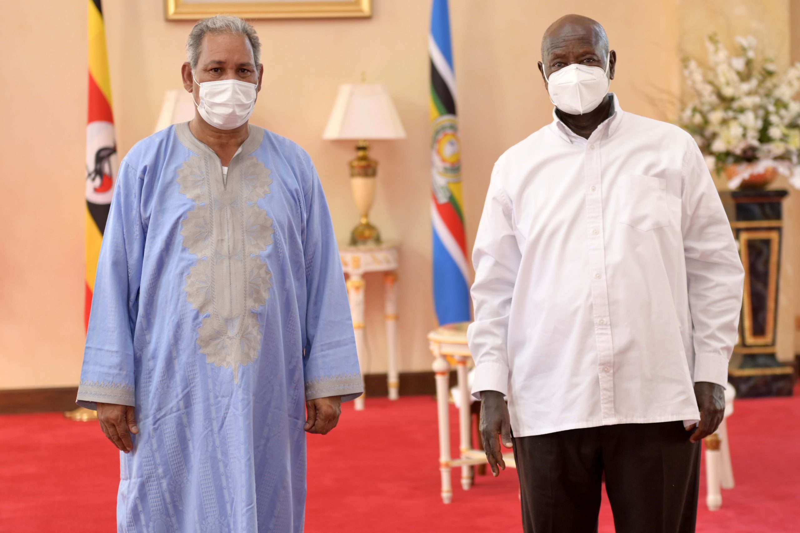 Sahrawi Ambassador to Uganda H.E Salek Sghair Radhi presents credentials to President Museveni at State House Entebbe (PHOTO/Courtesy)