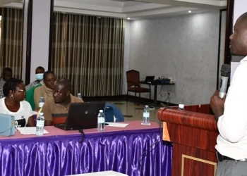 Christopher Nahabwe, the HIV focal person Mbarara district addressing journalists and other stakeholders (PHOTO/Courtesy)