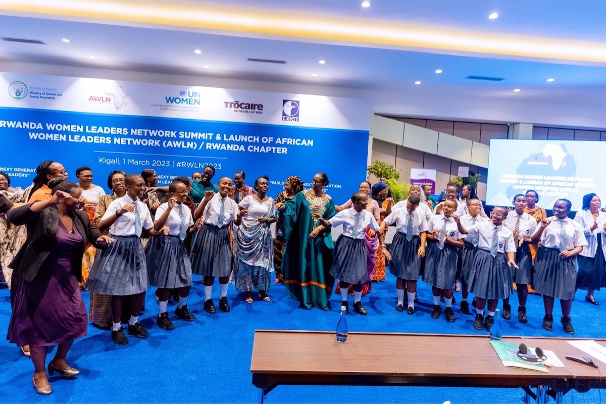 A group of delegates dancing at the AWLN launch event at the Intare Arena, Kigali Rwanda. Photo: Courtesy of NWC