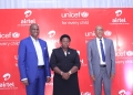 -Segun Ogusanya (L), Airtel Africa CEO, Joyce Moriku Kaducu (C) - Minister of State for Primary Education, Munir Safieldin (R), UNICEF Representative to Uganda at the Airtel Africa and UNICEF reaffirmation of their shared commitment to accelerate access to quality education by millions of children in Uganda and the rest of Africa, through digital learning.