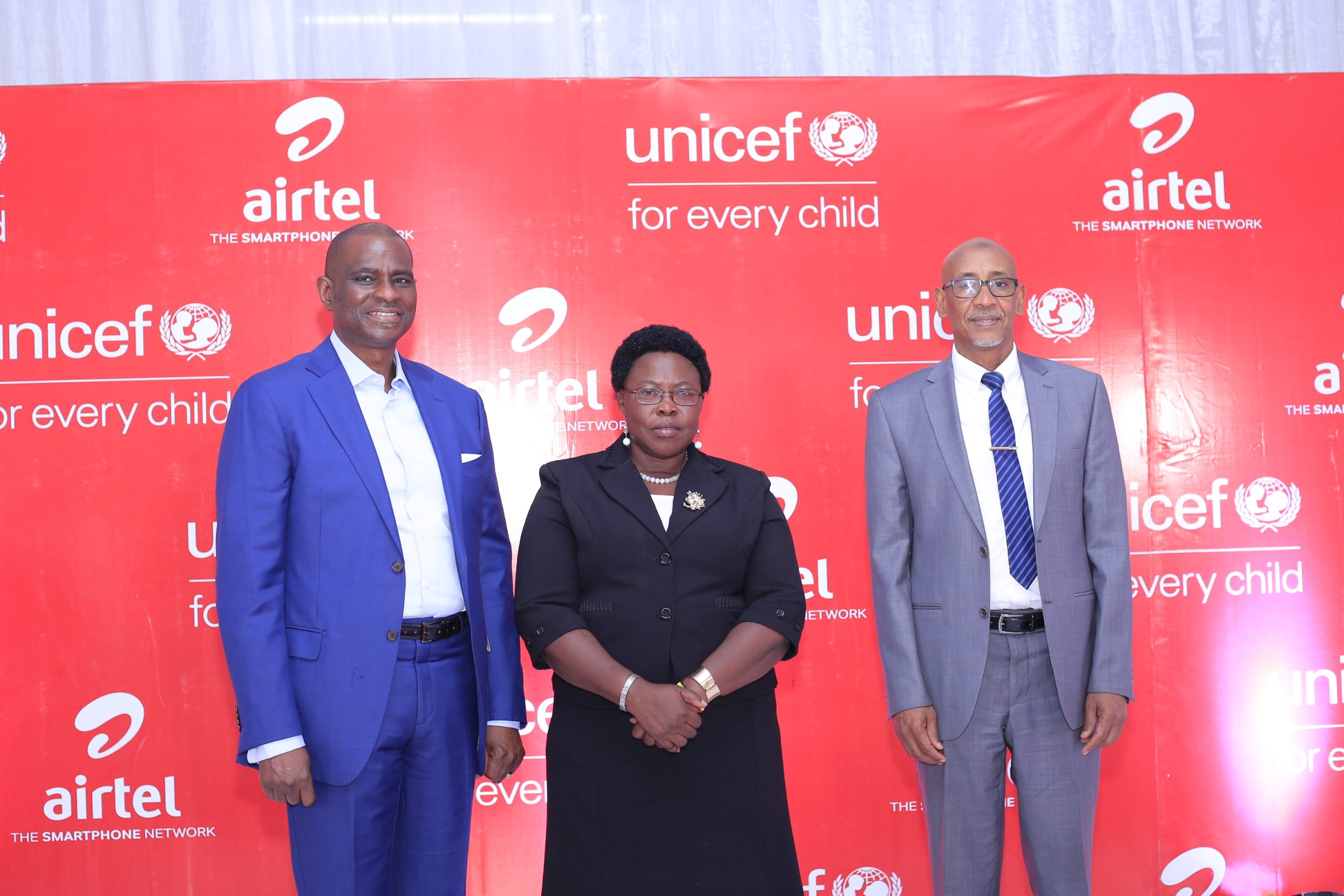 -Segun Ogusanya (L), Airtel Africa CEO, Joyce Moriku Kaducu (C) - Minister of State for Primary Education, Munir Safieldin (R), UNICEF Representative to Uganda at the Airtel Africa and UNICEF reaffirmation of their shared commitment to accelerate access to quality education by millions of children in Uganda and the rest of Africa, through digital learning. 