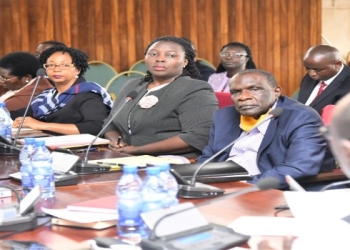 PERMANENT SECRETARIES (L-R): Catherine Bitarakwate (Public Service), Irene Batebe (Energy and Mineral Dvelopment) and Yunus Kakande (Office of the President) meeting the committee on Tuesday, 18 April 2023