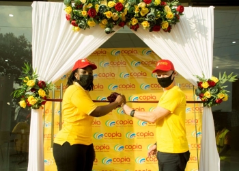 Copia CEO Tim Steel and the Uganda Country Director, Diana Adeyemi during the company's Ugandan launch in 2021