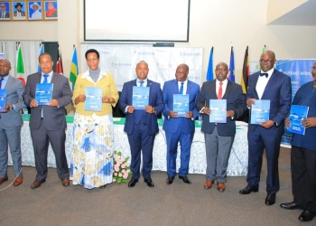 EAC Secretary General, Hon. (Dr.) Peter Mathuki (fourth left), the Judge President of the East African 
Court of Justice and Justice Nestor Kayobera (fourth right) during the launch of the EAC CSG Scan report 
in Arusha. Also, in the photo are (from left) Mr. David Sigano (East African Law Society), EACJ Principal 
Judge Justice Yohanne Masara, Amb. Anne Katusiime Kageye (Head of EAC Liaison Uganda Office, 
Arusha), Mr. John Bosco Kalisa (EABC Executive Director), Mr. Francis Gimara (CEO ALP Advocates)