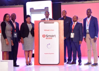Left - Right: Esther Muiruri, Group Sales and Marketing Director at Smart Applications International, Fredrick Makaire, Executive Director of Save For Health Uganda, Judy Mugoya, Country Manager at Smart Applications International, Jonan Kisakye, CEO of Uganda Insurers Association, Solomon Rubondo, Technical Director of Pentad Insurance Services, Harrison Muiru, Group Managing Director of Smart Applications International and Dr Andabati Gonzaga, Executive Director of Bethany Women and Family Hospital, launce the Smart Access App in Kampala on May 17, 2023.