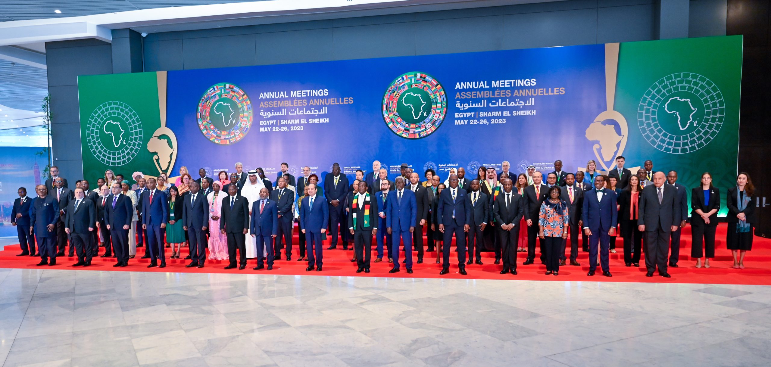 African leaders, including President Abdel Fattah El-Sisi of Egypt, pose together with AfDB President Akinwumi Adesina at the opening ceremony of the 2023 Annual Meetings, 23 May 2023