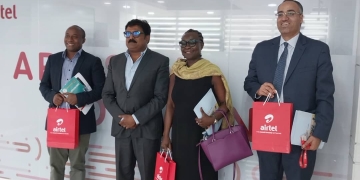 Airtel Uganda Managing Director, Mr. manoj murali (2nd L), UNFPA Country Representative, Dr. Mary Otieno (2nd R) with other officials at the Airtel Uganda Head Office in Kampala. This was during UNFPA courtesy visit to Airtel Uganda on 26th June 2023.