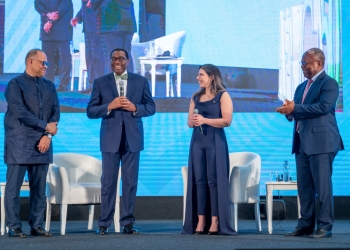AfDB President Akinwumi Adesina (2nd left) urges Africa's first woman in space, Sara Sabry, to inspire young scientists