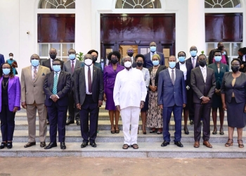 President Museveni, Chief Justice, Deputy Chief and the newly appointed judges. (Courtesy photo)