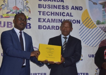 Dr. Eng. Silver Mugisha, the UBTEB Board chairperson and state minister for education JC Muyingo at the release of at the release of April-May 2023 end of Programme examination results on Thursday, August 10, 2023