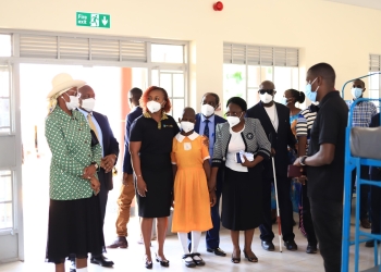 First Lady and Minister for Education and Sports Janet Museveni (R), MTN Uganda CEO Sylvia Mulinge, Salama School for the Blind Head Teacher, Dorothy Ssebaduka and pupils commission a girl’s dormitory and a computer lab at the Salama School for the Blind on Oct.24, 2023.