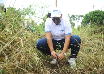 The Chief Operating Officer C-Care Uganda, Azhar Sandhoo plants a tree during the One Life One Tree Drive in Lazarus Forest in Nandera, Luwero District. 900 trees were planted; 1 tree for each child born at C-Care in the last 3 months (PHOTO/Courtesy)
