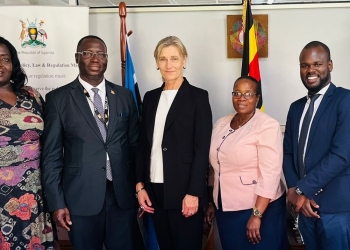 Ambassador Hermansen (center), Permanent Secretary Aggrey Kibenge(second left), Commissioner Angela Nakafeero (second right) and other officials during the courtesy visit at the Ministry of Gender offices in Kampala.jpg