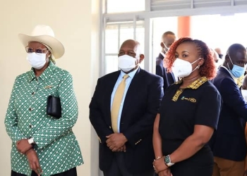 First Lady and Minister for Education and Sports Janet Museveni (L) is accompanied by MTN Uganda Board Chairperson, Charles Mbire and MTN Uganda CEO Sylvia Mulinge during commissioning of a girl’s dormitory and computer lab at the Salama School for the Blind on Oct.24, 2023.