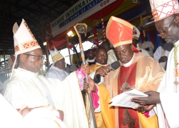 Bishop Jacinto Kibuuka, during the consecration exercise at Mamre Prayer Center Namugongo on Sunday.