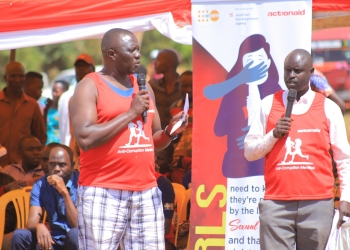 Xavier Ejoyi , Action Aid International Uganda , Country Director addressing people at Boma grounds in Bukwo district.