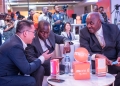 The Managing Director, Mione, Ben YU, shares a moment with the The Minister of Information, Communications, Technology and National Guidance, Hon. Dr. Chris Baryomunsi, and the State Minister of Trade and Cooperatives, Hon David Bahati, at the launch of U1 and Joy 9 phones.