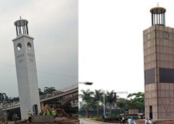 An image depicting the Clock Tower in its original and reconstructed forms.