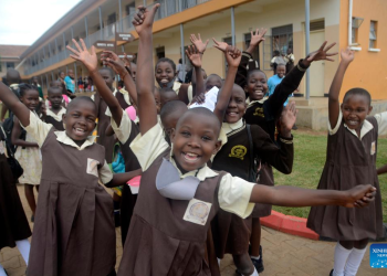 Pupils of Entebbe-Changsha Model Primary School pose for a photo in Entebbe, Uganda, Sept. 7, 2022.