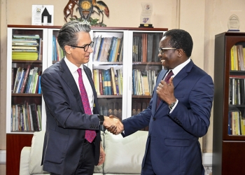 PPS meets EU Ambassador to Uganda Principal Private Secretary (PPS) to President of Uganda Dr. Kenneth Omona Olusegun (right) shakes hands with the European Union Ambassador to Uganda Jan Sadek (left) as a sign of a successful meeting at the PPS officers in Kampala on the 27th February 2024. Photo by PPU/Tony Rujuta.