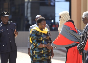 Chief Justice Alifonse Owiny Dollo and other stakeholders welcoming Vice President Rtd Maj Jessica Alupo at Judiciary headquarters on Friday. (Photos by Judiciary)