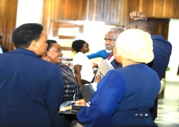 The Prime Minister, Robinah Nabbanja (second left) with colleague MPs after the Thursday plenary session