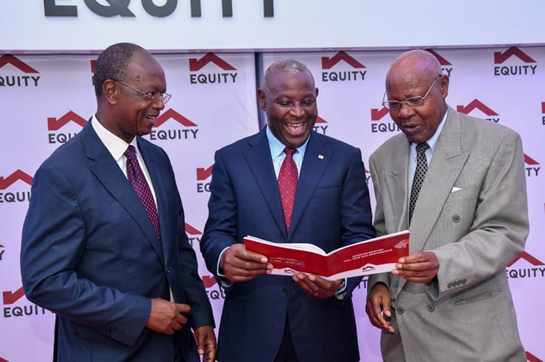 From left to right: Equity Group Chairman, Prof. Isaac Macharia, Equity Group Managing Director and CEO, Dr. James Mwangi and Mr. Geoffrey Maoga, a shareholder, during the FY 2023 Investor Briefing event.