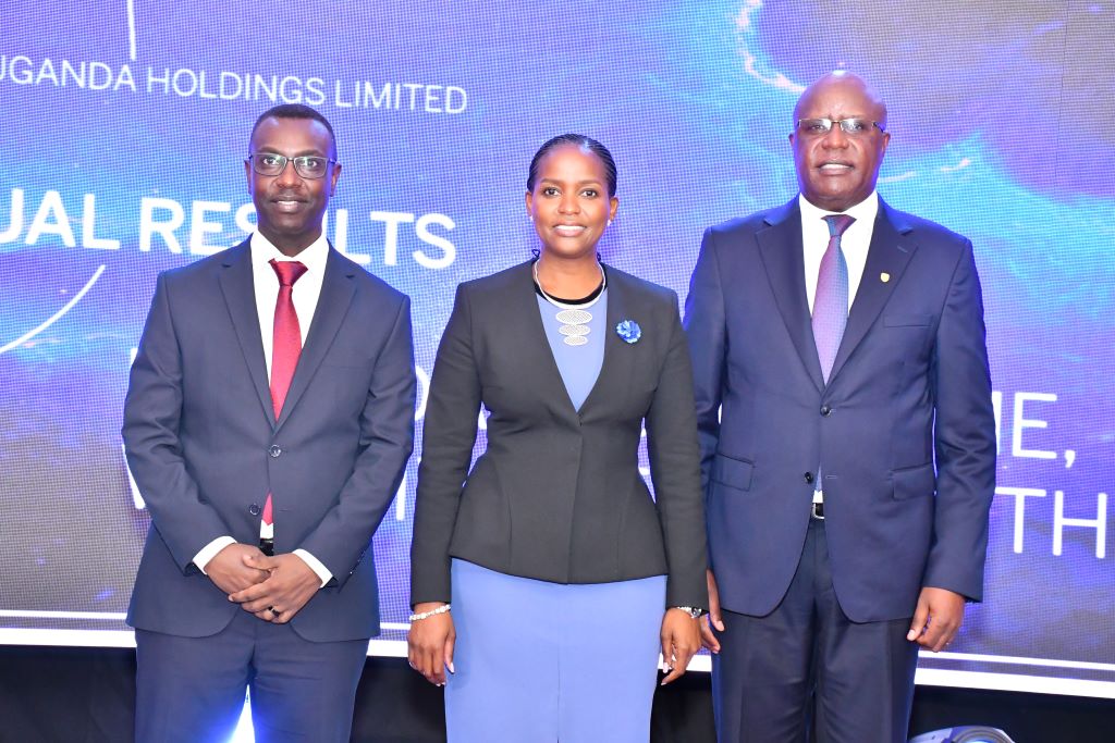 L-R Ronald Makata, Stanbic Bank Chief Finance Officer, Anne Juuko The Stanbic Bank Chief Executive and Francis Karuhanga, The Stanbic Holdings Uganda Limited Chief Executive pose for a photo during Financial results 