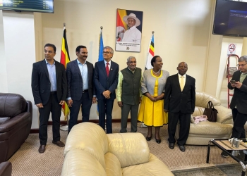 Mr. Dammu Ravi the Secretary Ministry of External relations of India third from right is received at Entebbe Airport this morning.