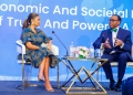 Julie Gichuru- Chief Public Affairs and Communications Officer Mastercard Foundation during a panel a session with AfDB president Mr. Akinwumi Adesina at the All Africa Media Leaders Summit 2024 in Nairobi last week