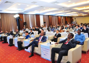 Hon. Mwesigwa Rukaari, MP for Mbarara City North and Chairman of the National Resistance Movement (NRM) Entrepreneurs League, addresses the audience during the China-Uganda Economic and Trade Cooperation Fair in Kampala. He emphasized the importance of strengthening economic ties between China and Uganda, highlighting opportunities for trade and investment in areas such as agriculture, tourism, and infrastructure development
