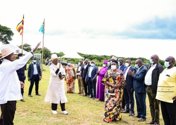 President Museveni and First Lady Janet Museveni wave to some of the political and religious leaders from Gombe and Sembabule districts as they arrive for a rally at Kisozi Primary School grounds on Friday.