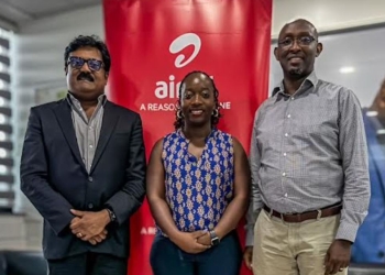 Airtel Uganda's Managing Director, manoj murali (L), The President of the Public Relations Association (PRAU), Ms. Tina Wamala (C), Public Relations & CSR Manager at Airtel Uganda, David Birungi (R) at the partnership announcement between Airtel Uganda and the Public Relations Association of Uganda (PRAU) ahead of the 3rd National PRAU Symposium. The Symposium will be held on Friday, June 7th, 2024, at the Golf Course Hotel in Kampala, and it's a major event within the public relations and communications industry in Uganda.