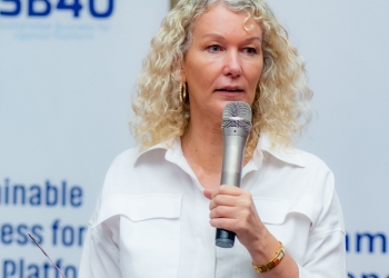 Caroline Adriaensen, EU Head of Cooperation, addresses Micro, Small and Medium-Sized Enterprises (MSMEs) in Uganda, announcing a new package of support to enhance their competitiveness, improve access to finance, and promote innovation and entrepreneurship.